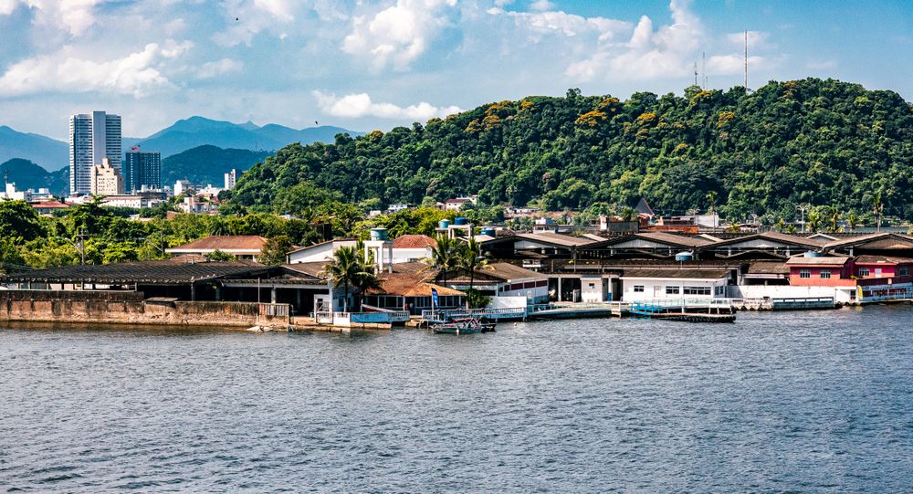 Vista do porto de Santos com os morros ao fundo